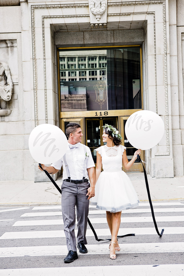 Short Wedding Dress, City Hall Wedding, White Wedding Balloons