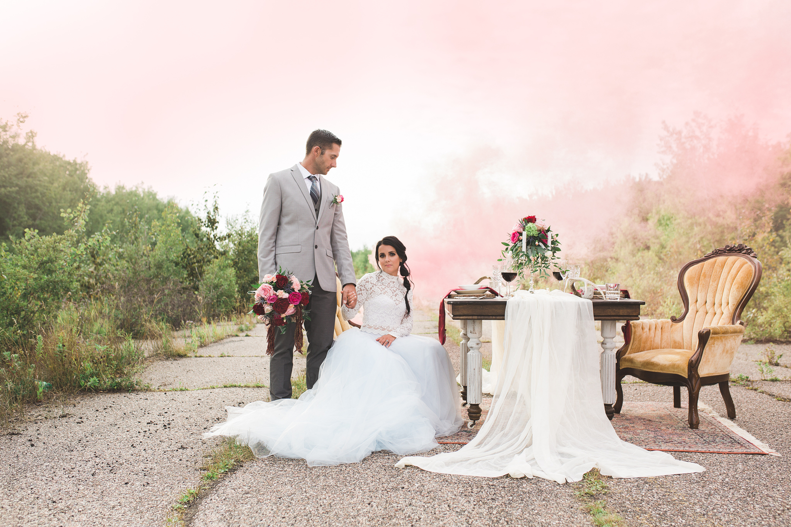 Pink Smoke Bomb Bride and Groom Photos