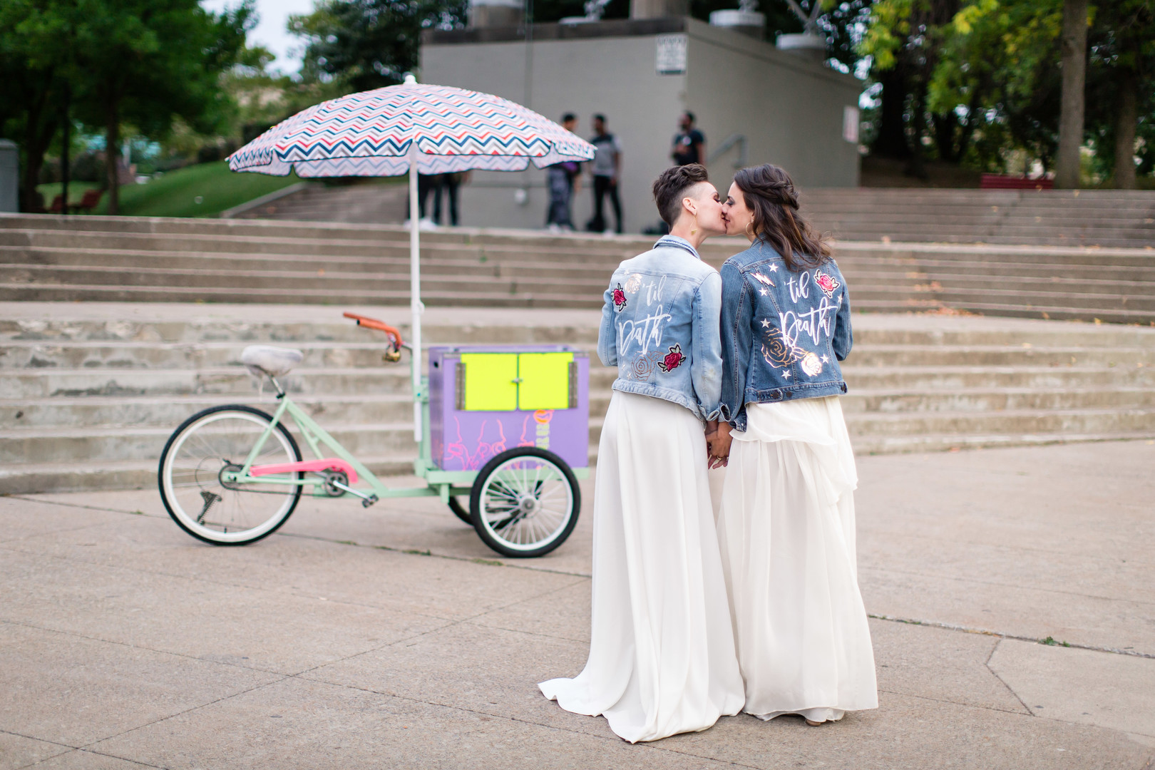 Rochester Wedding, New York Wedding, Two Brides, Denim Wedding Jacket, Ice Cream Cart at Wedding