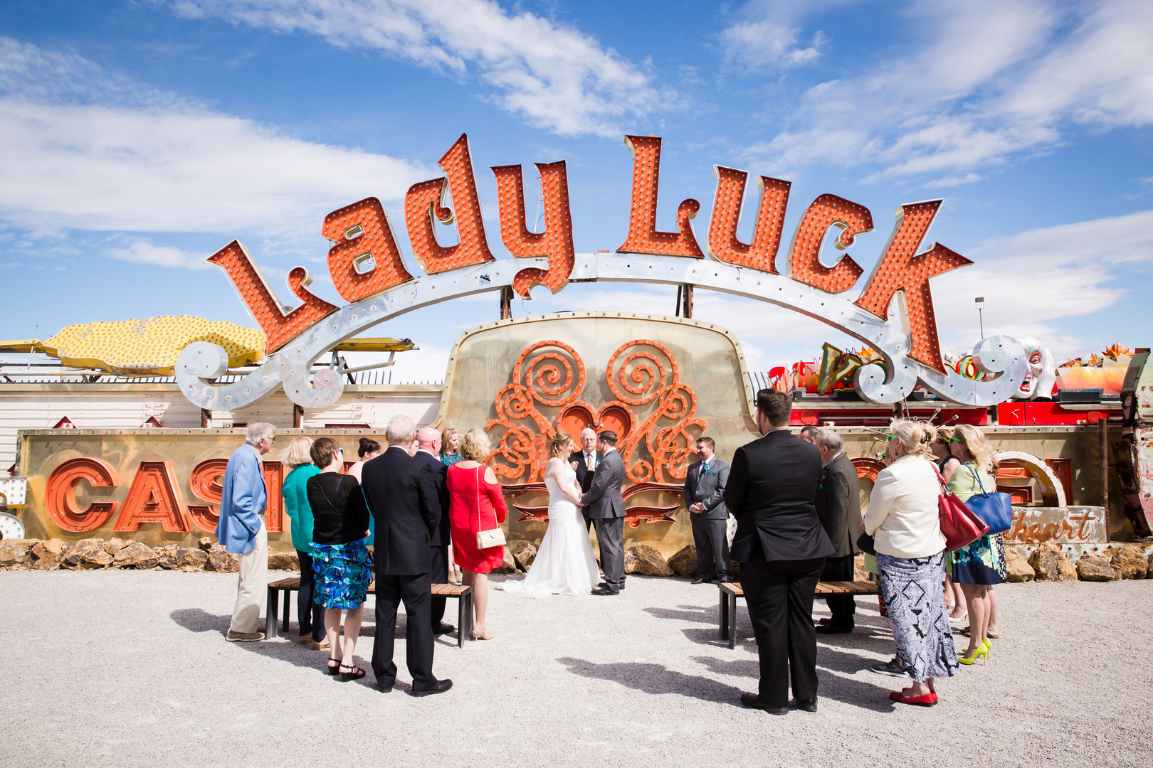 Neon Museum Wedding, Las Vegas Wedding, Las Vegas Elopement, Lady Luck backdrop Vegas wedding